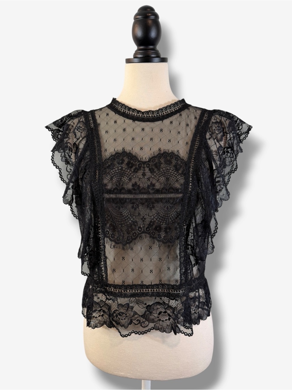 Trinity Black Sheer Lace Ruffle Top M Open Back Tie Romantic Goth